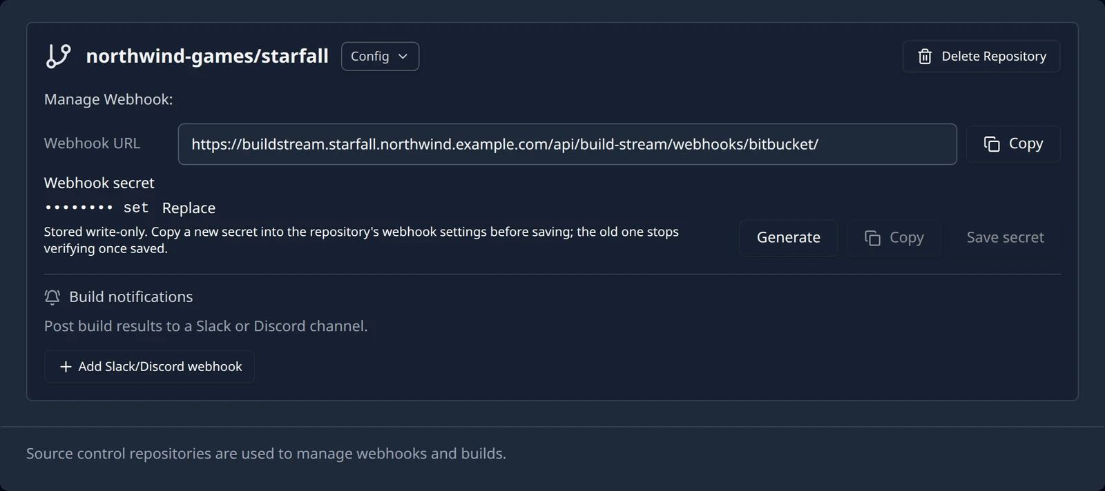 A connected Bitbucket repository card showing the Manage Webhook block with the Webhook URL and its Copy button, the Webhook secret marked as set with the Generate, Copy and Save secret buttons, and the Config and Delete Repository controls.