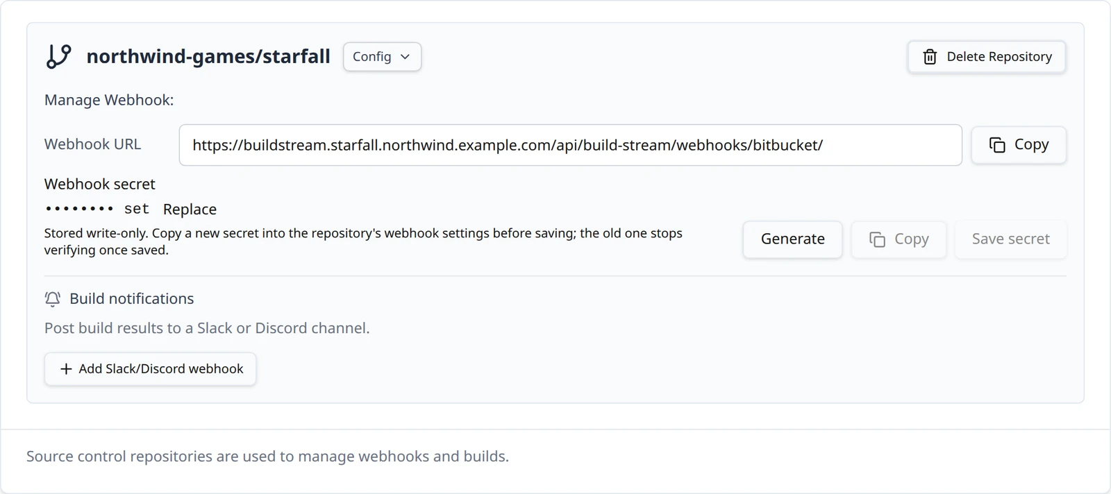 A connected Bitbucket repository card showing the Manage Webhook block with the Webhook URL and its Copy button, the Webhook secret marked as set with the Generate, Copy and Save secret buttons, and the Config and Delete Repository controls.