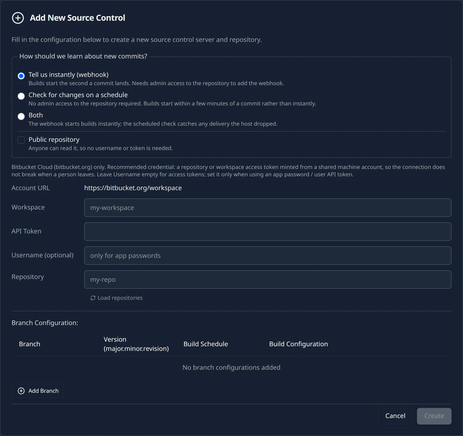 The Bitbucket connection form on the Connections page with the How should we learn about new commits? choice, Workspace, API Token, Username and Repository fields and the Load repositories button, before any repositories have been loaded.