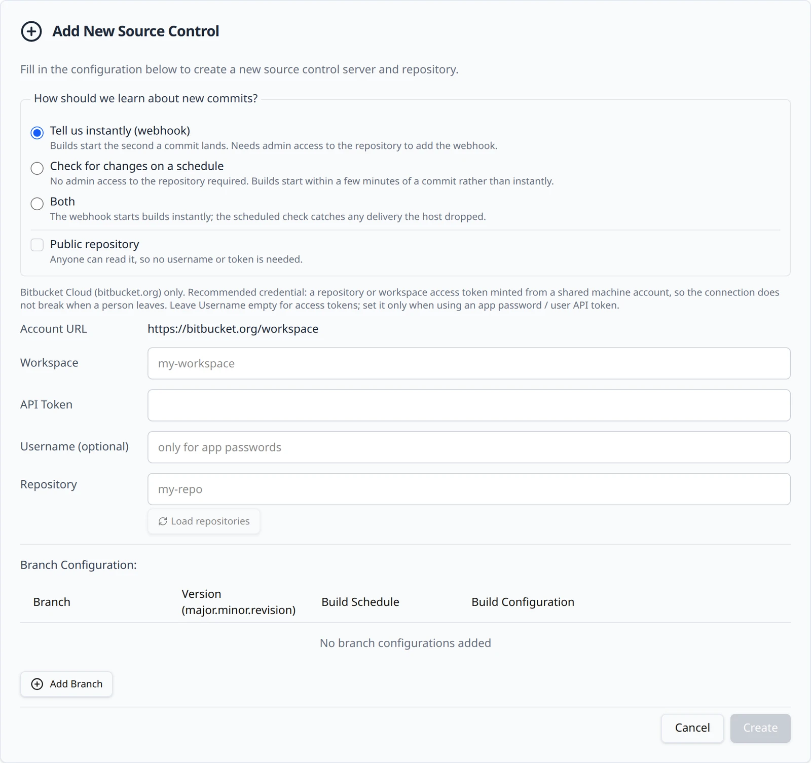 The Bitbucket connection form on the Connections page with the How should we learn about new commits? choice, Workspace, API Token, Username and Repository fields and the Load repositories button, before any repositories have been loaded.