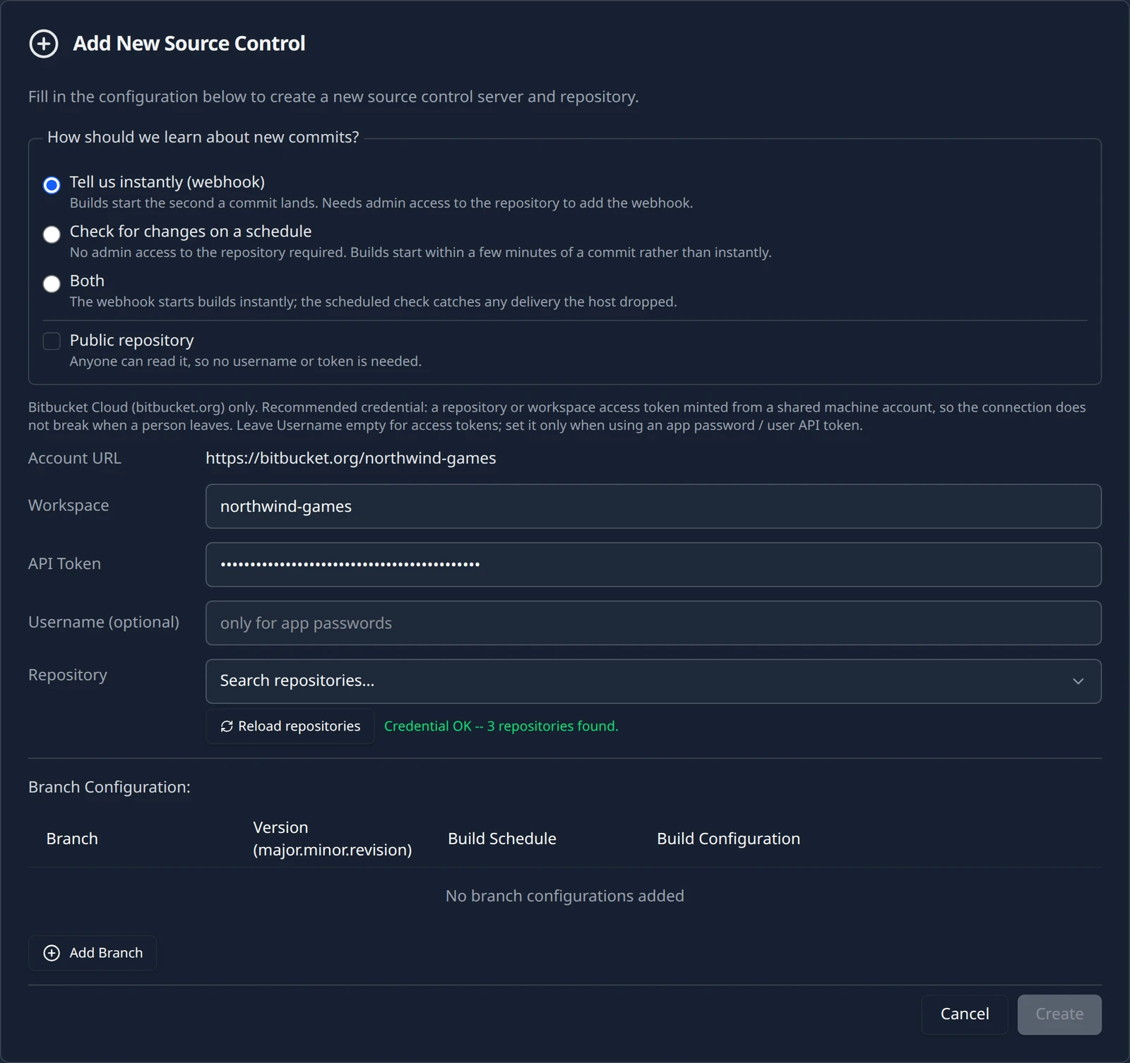 The Bitbucket connection form after Load repositories succeeded: the Credential OK line reports the repositories found and the Repository field has become a searchable picker with a repository selected.