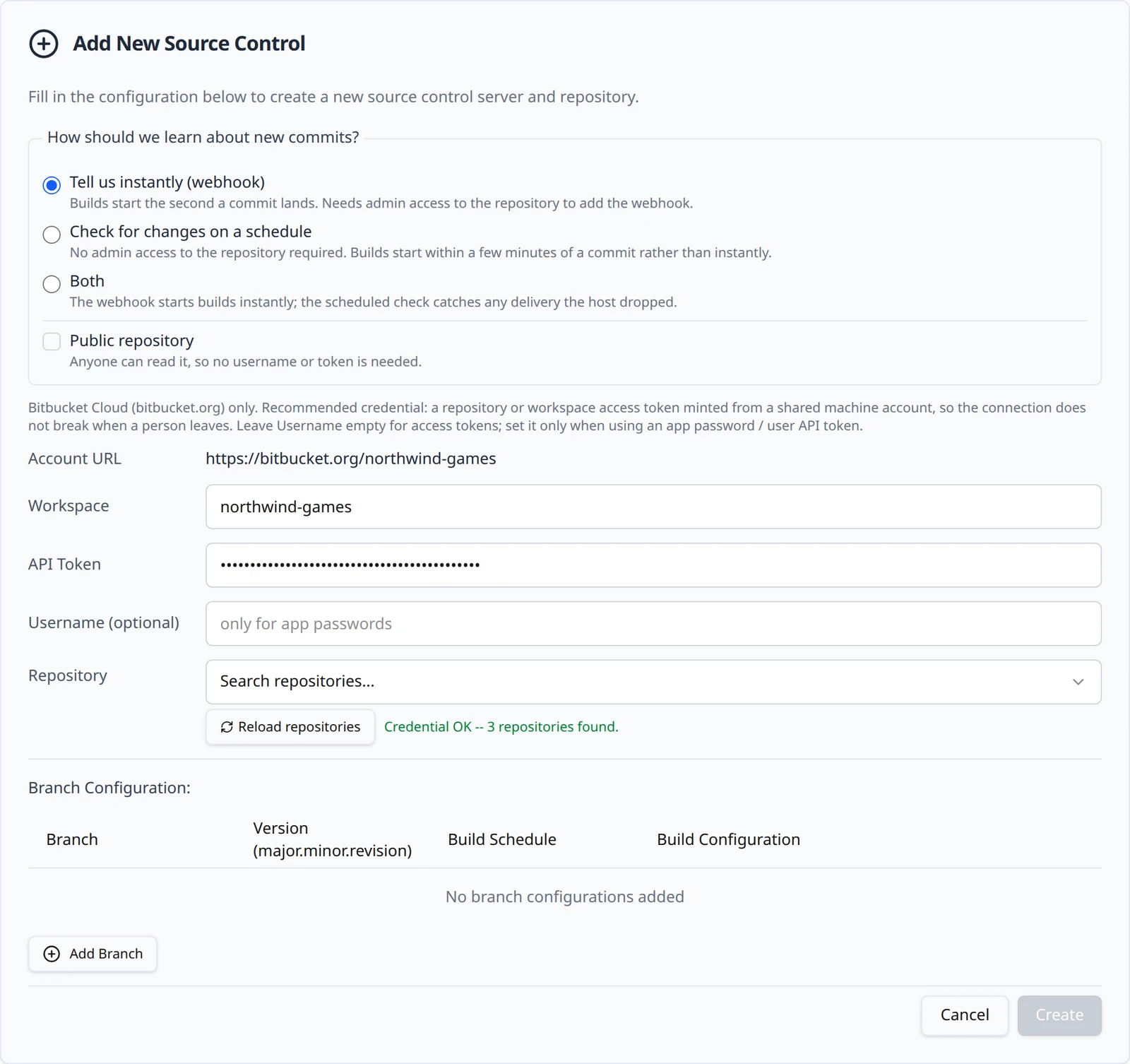 The Bitbucket connection form after Load repositories succeeded: the Credential OK line reports the repositories found and the Repository field has become a searchable picker with a repository selected.