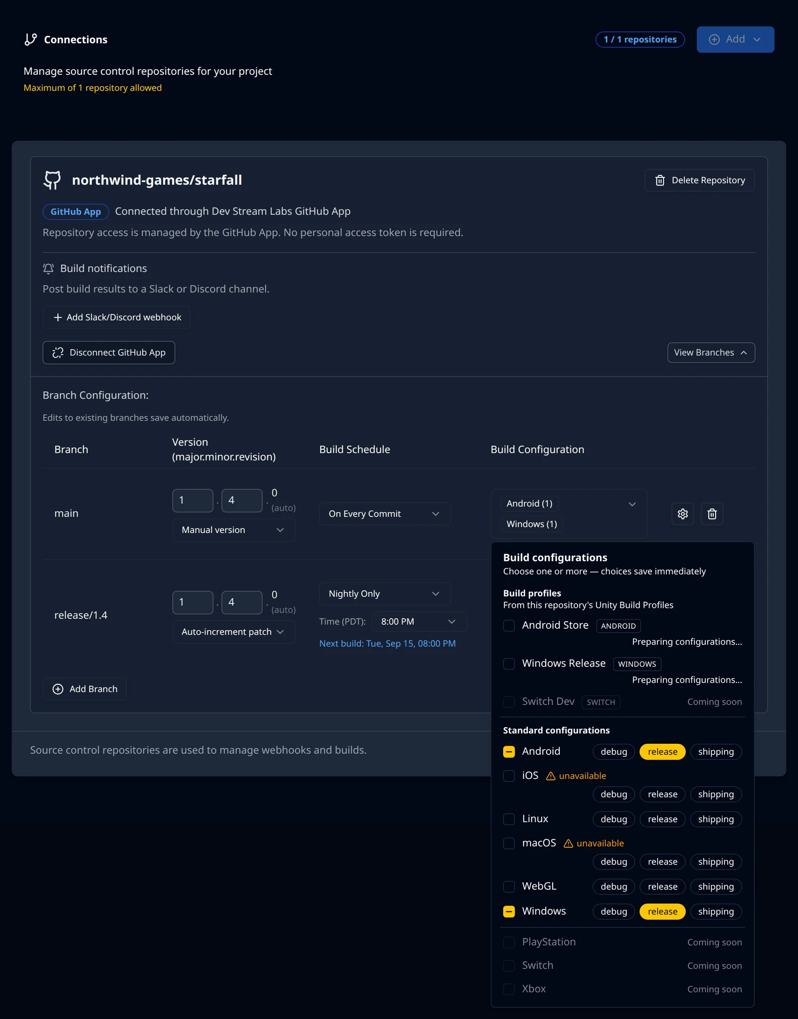 The Build configurations picker for a Unity branch showing the Build profiles section with two discovered profiles tagged by platform and reading Preparing configurations, a console profile marked Coming soon, and the Standard configurations rows below.