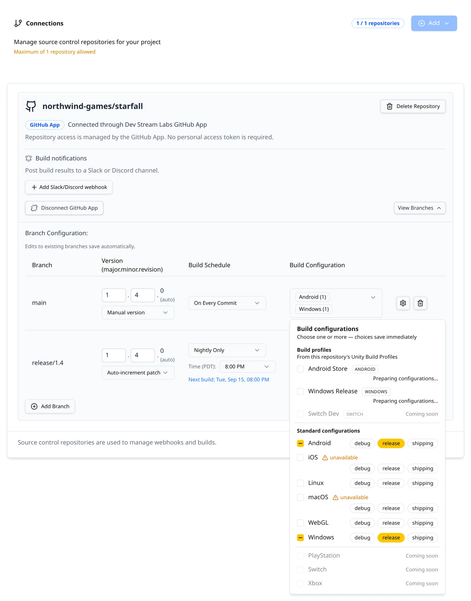 The Build configurations picker for a Unity branch showing the Build profiles section with two discovered profiles tagged by platform and reading Preparing configurations, a console profile marked Coming soon, and the Standard configurations rows below.
