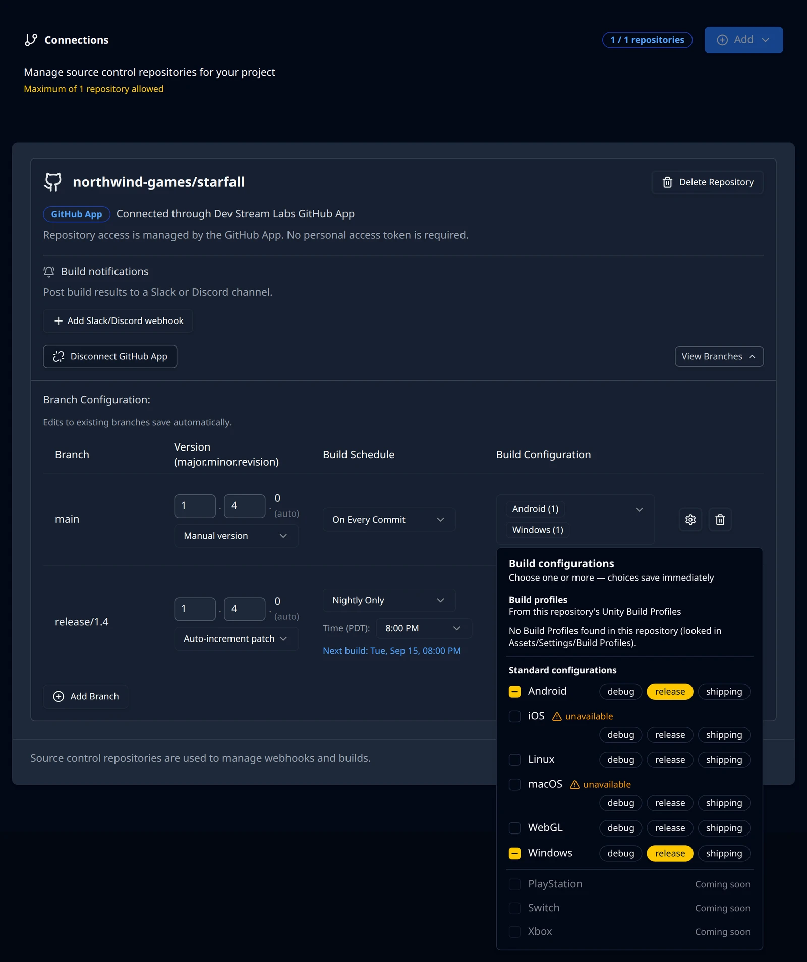 The Build configurations picker open under a branch row: the Build profiles section reporting none found, then the Standard configurations rows for Android, iOS, Linux, macOS, WebGL and Windows with lowercase debug, release and shipping pills, unavailable markers on iOS and macOS, and PlayStation, Switch and Xbox marked Coming soon below a divider.