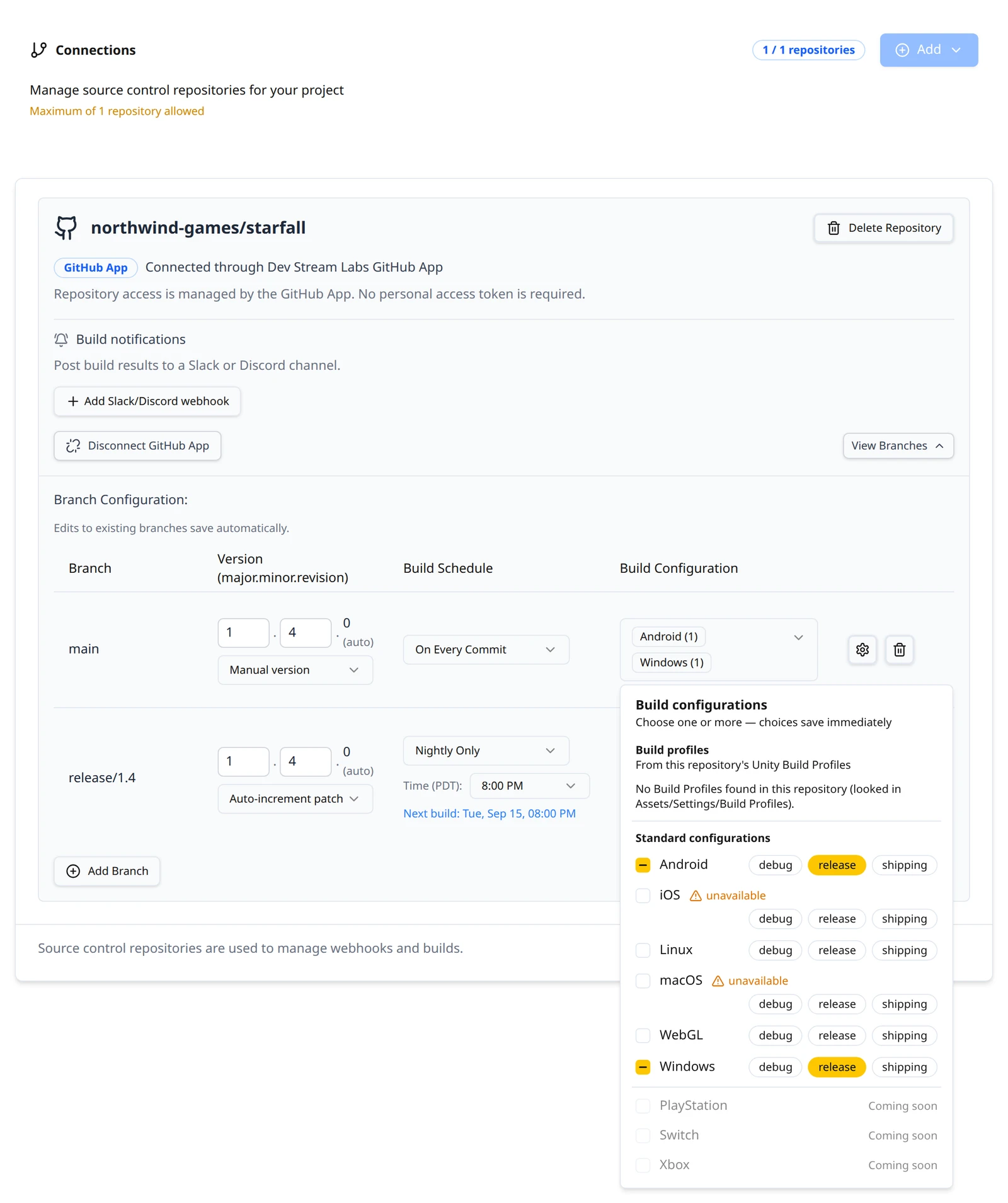 The Build configurations picker open under a branch row: the Build profiles section reporting none found, then the Standard configurations rows for Android, iOS, Linux, macOS, WebGL and Windows with lowercase debug, release and shipping pills, unavailable markers on iOS and macOS, and PlayStation, Switch and Xbox marked Coming soon below a divider.