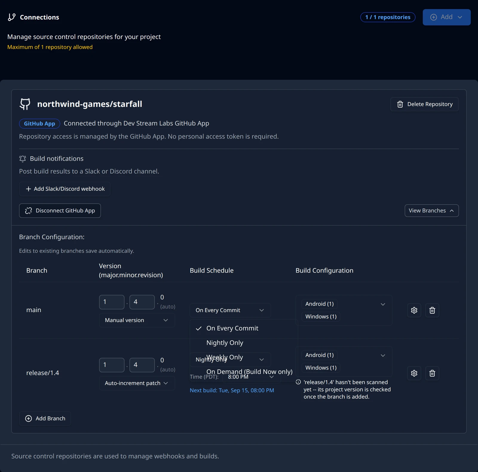 The Build Schedule select on a confirmed branch row opened to show On Every Commit, Nightly Only, Weekly Only and On Demand (Build Now only), with the Time field and Next build line of the nightly row below.