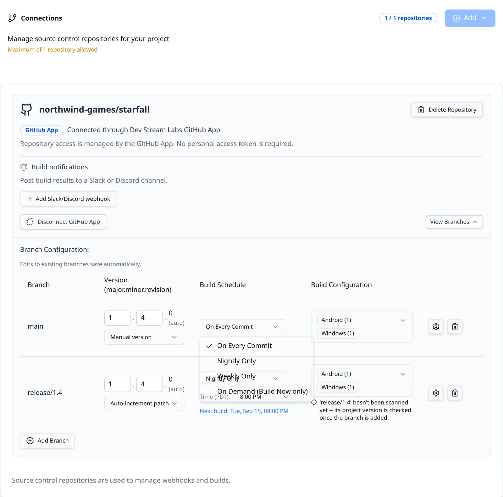 The Build Schedule select on a confirmed branch row opened to show On Every Commit, Nightly Only, Weekly Only and On Demand (Build Now only), with the Time field and Next build line of the nightly row below.