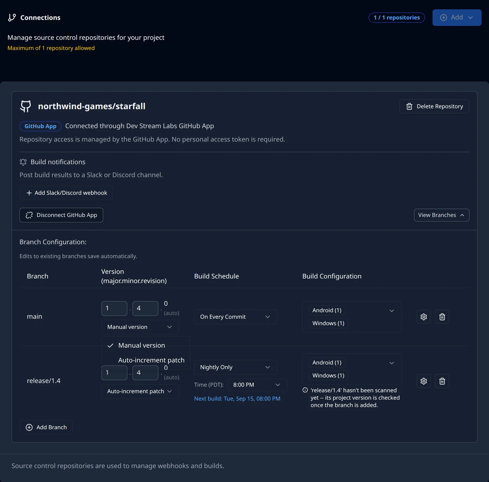 The version cell of a confirmed branch row with editable major and minor fields, the revision marked auto, and the versioning mode select opened to show Manual version and Auto-increment patch.