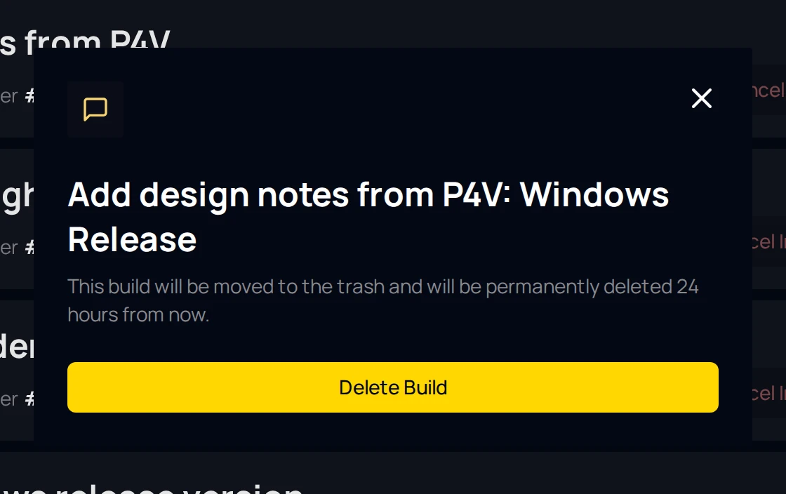 The delete dialog for one selected job, titled with the commit message and the Windows Release configuration, warning that the build moves to the trash and is permanently deleted after 24 hours, with the Delete Build button.