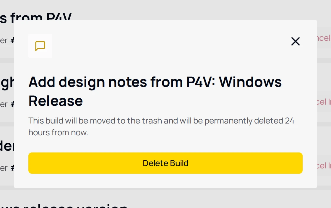The delete dialog for one selected job, titled with the commit message and the Windows Release configuration, warning that the build moves to the trash and is permanently deleted after 24 hours, with the Delete Build button.