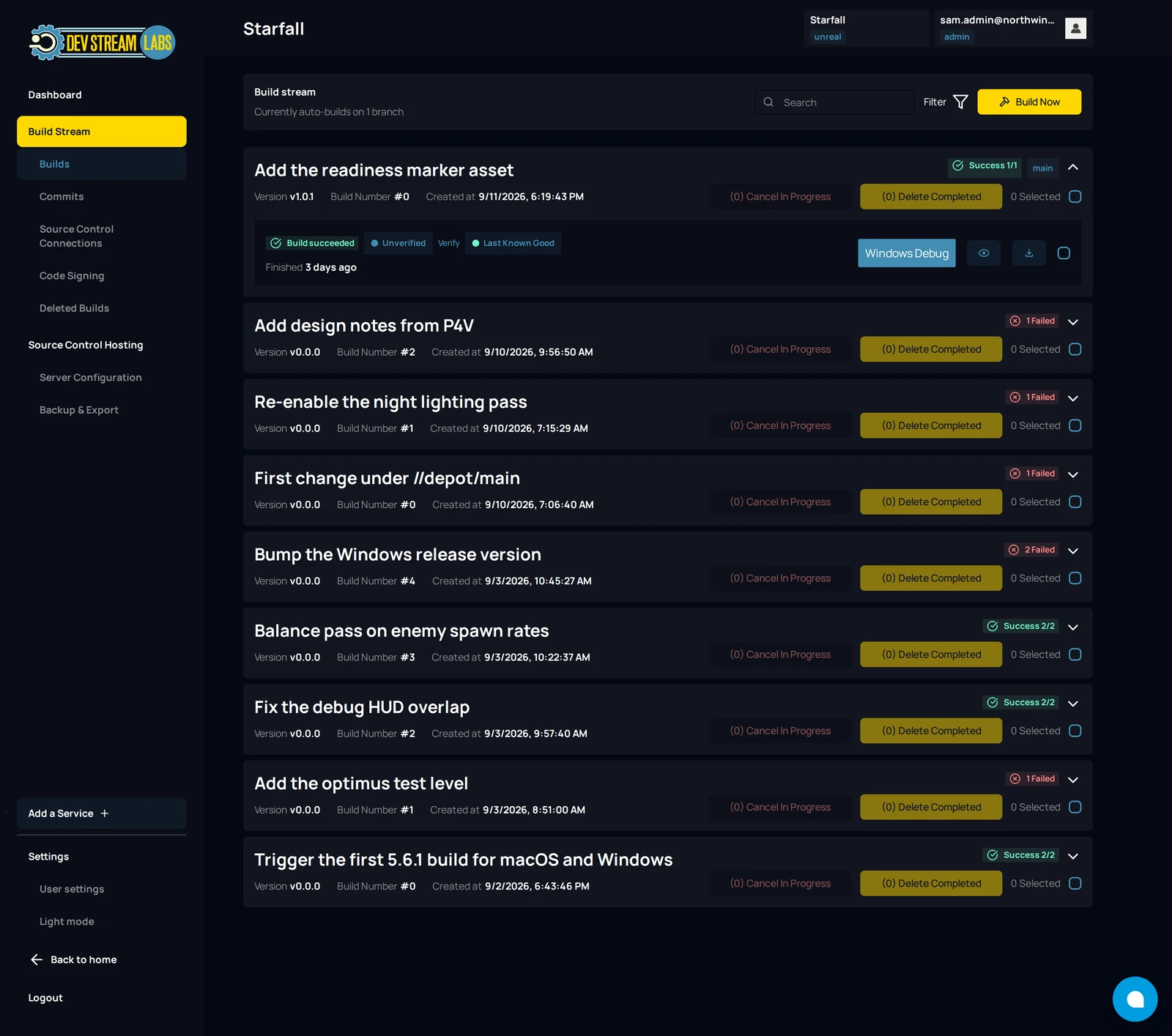 The Builds page for an Unreal project with the newest card expanded to one succeeded Windows Debug job carrying the Unverified chip, its Verify link and the Last Known Good chip, above a list of collapsed cards with Success and Failed summary chips.