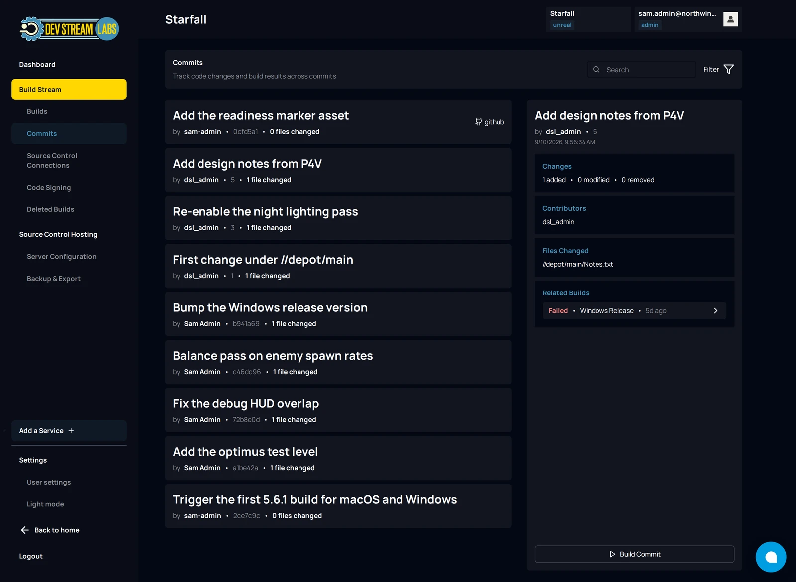 The commit details panel open beside the Commits list, showing Changes, Contributors, Files Changed and a Related Builds row, with the Build Commit button at the bottom.