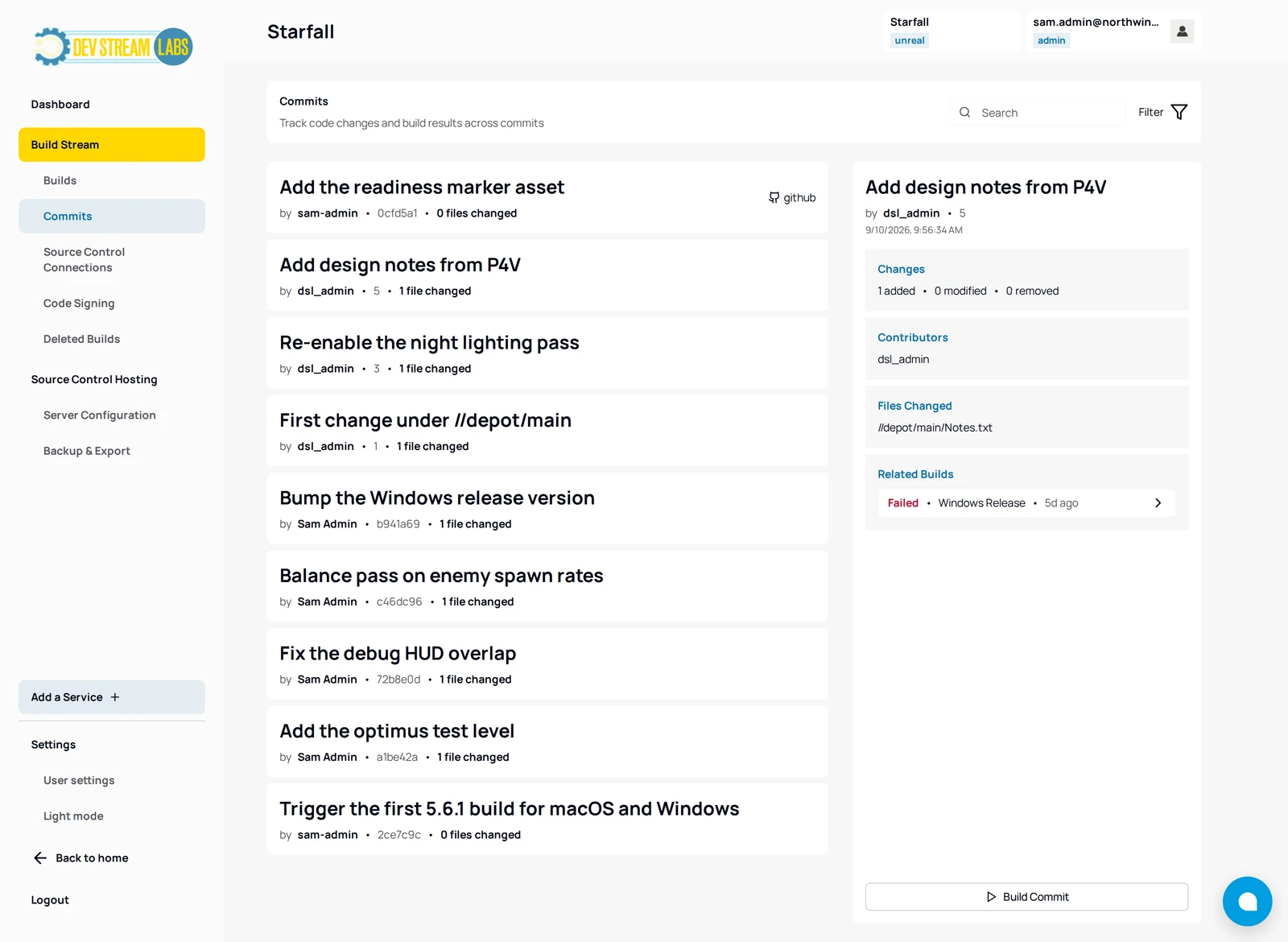 The commit details panel open beside the Commits list, showing Changes, Contributors, Files Changed and a Related Builds row, with the Build Commit button at the bottom.