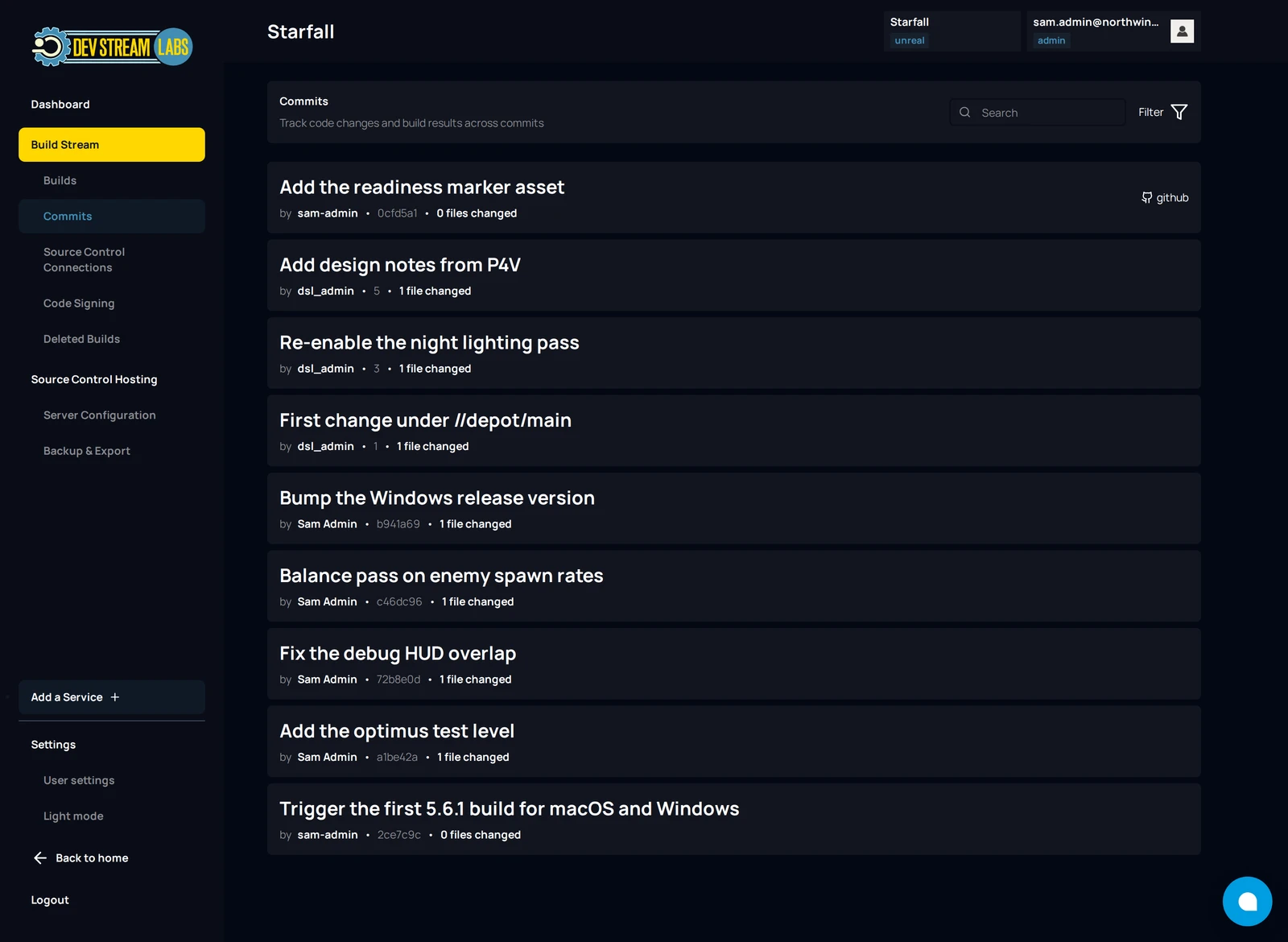 The Commits page listing received commits, each with author, short commit id or changelist number, file count and the source control provider.