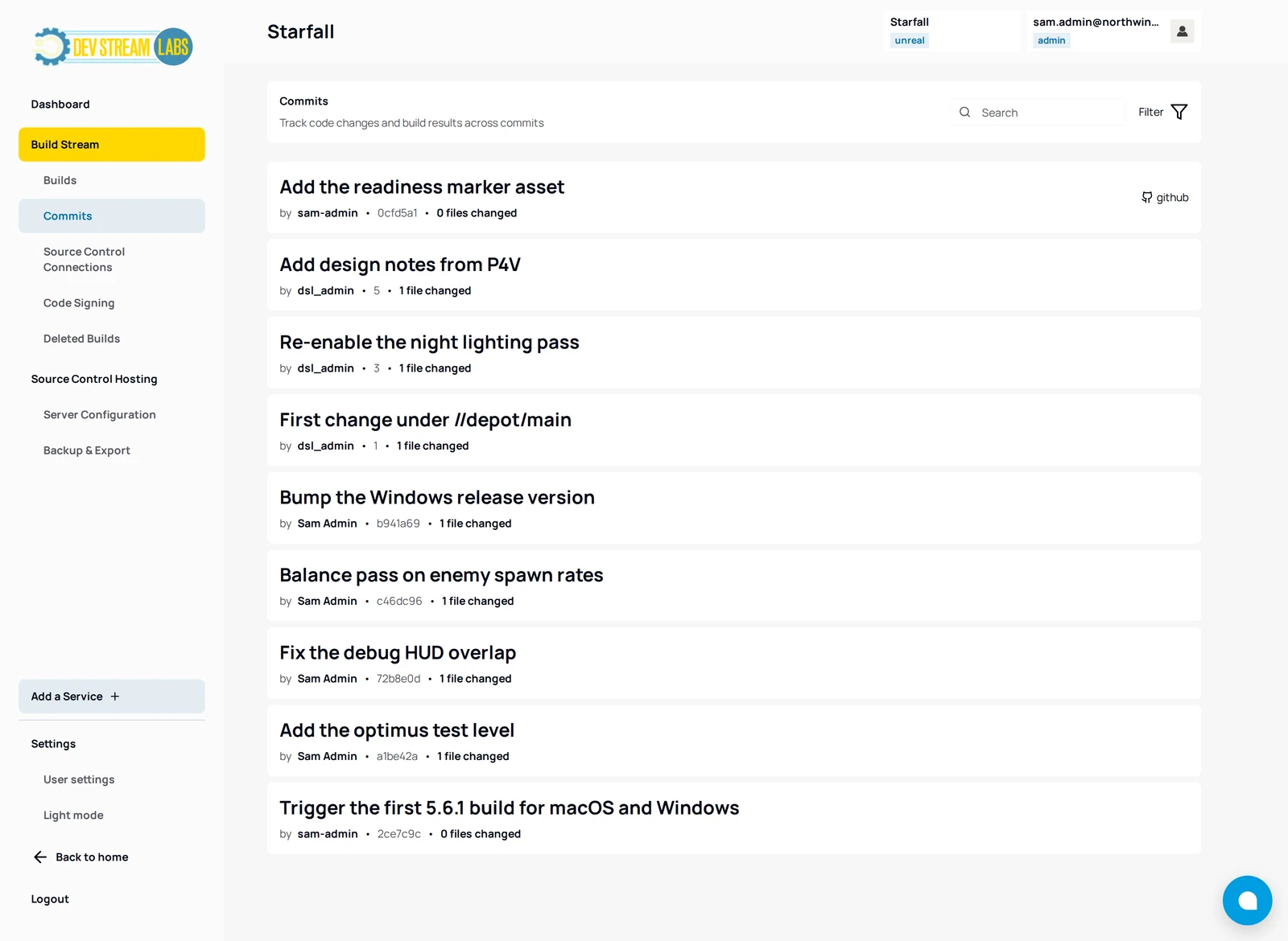 The Commits page listing received commits, each with author, short commit id or changelist number, file count and the source control provider.