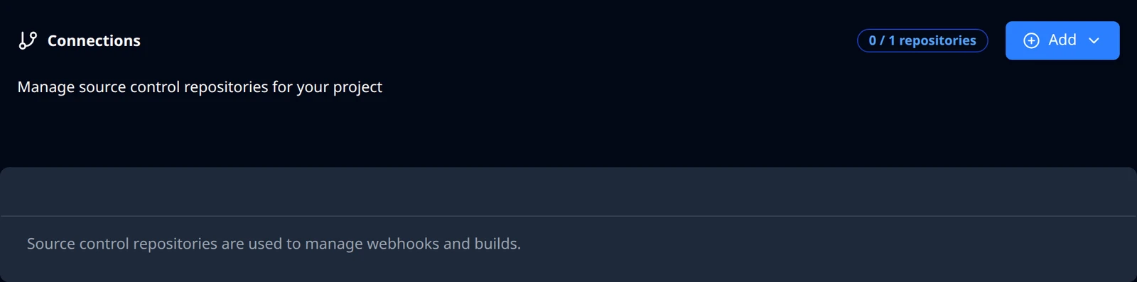 The Connections page with no repository yet: the 0 / 1 repositories counter, the Add button and the empty list.