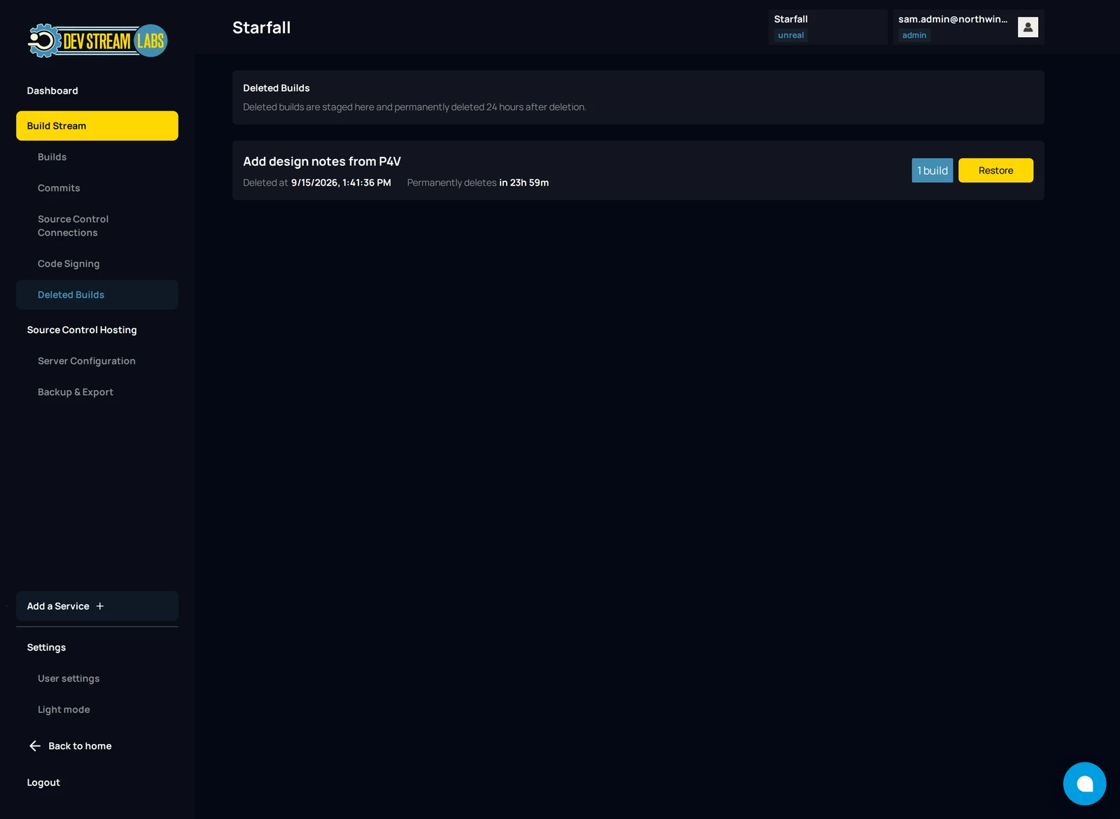 The Deleted Builds page with one trashed build showing its deletion time, the countdown to permanent deletion, the 1 build chip and the Restore button.