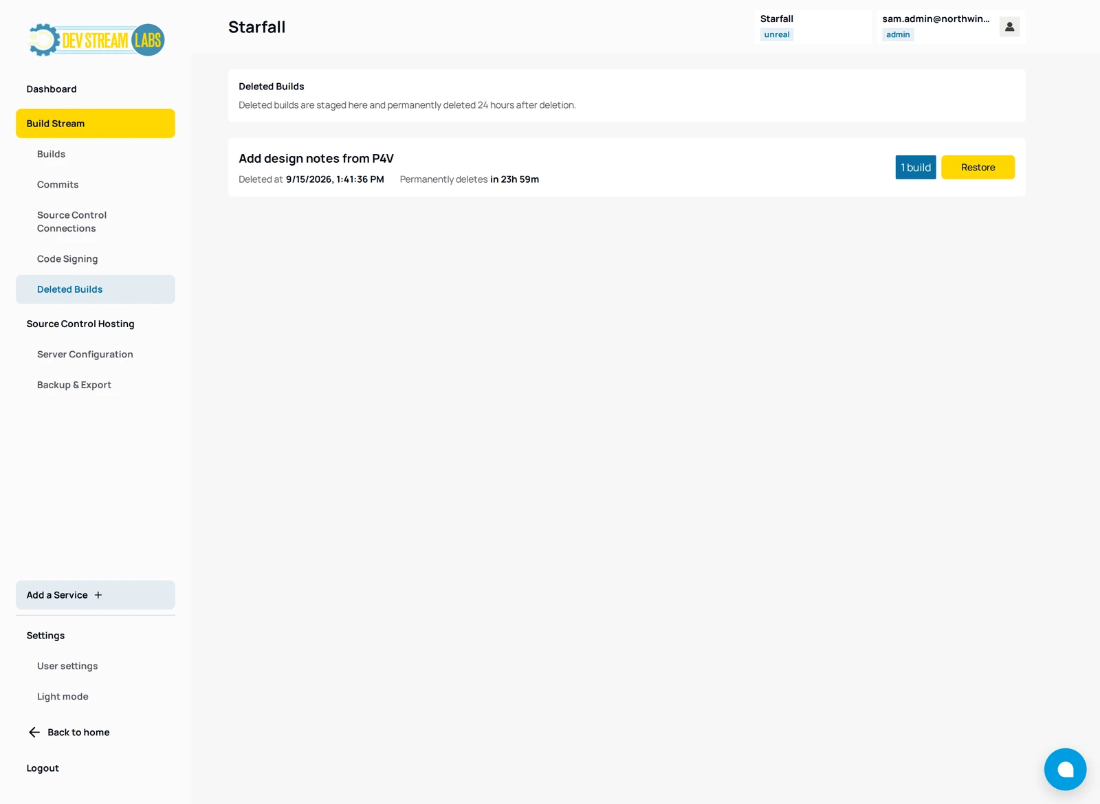 The Deleted Builds page with one trashed build showing its deletion time, the countdown to permanent deletion, the 1 build chip and the Restore button.