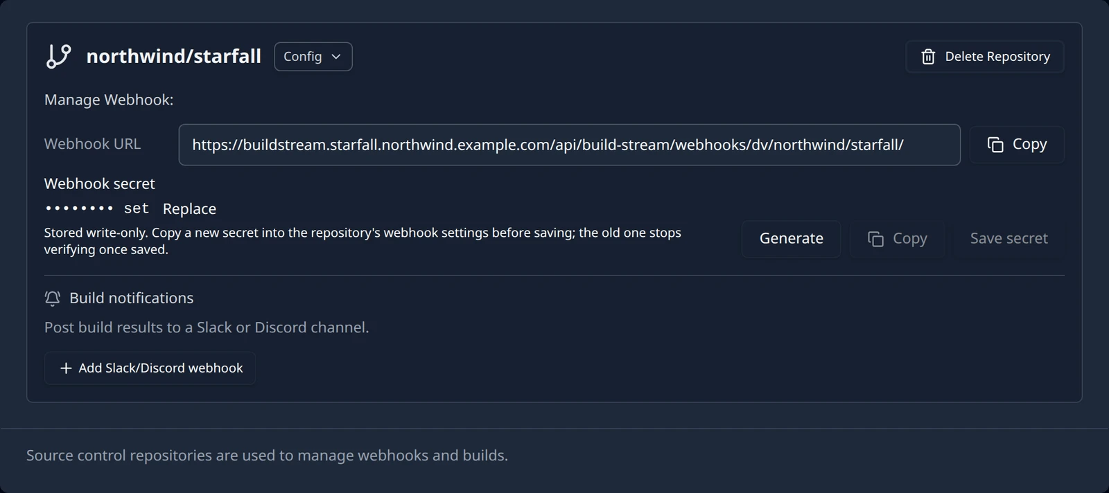 A connected Diversion repository card showing the Manage Webhook block with the organization and project in the Webhook URL, the Webhook secret marked as set with its Generate, Copy and Save secret buttons, and the Config and Delete Repository controls.
