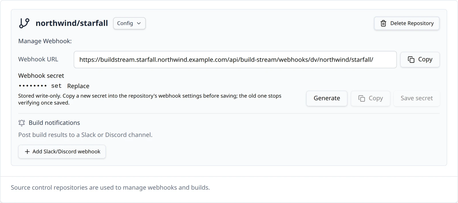 A connected Diversion repository card showing the Manage Webhook block with the organization and project in the Webhook URL, the Webhook secret marked as set with its Generate, Copy and Save secret buttons, and the Config and Delete Repository controls.