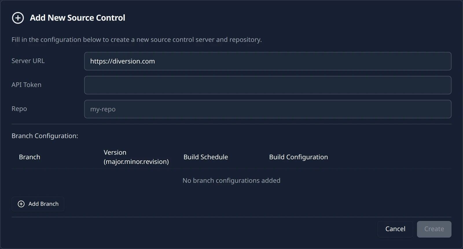 The Diversion connection form on the Connections page with Server URL pre-filled, a masked API Token, the Repo field and an empty Branch Configuration table beneath.