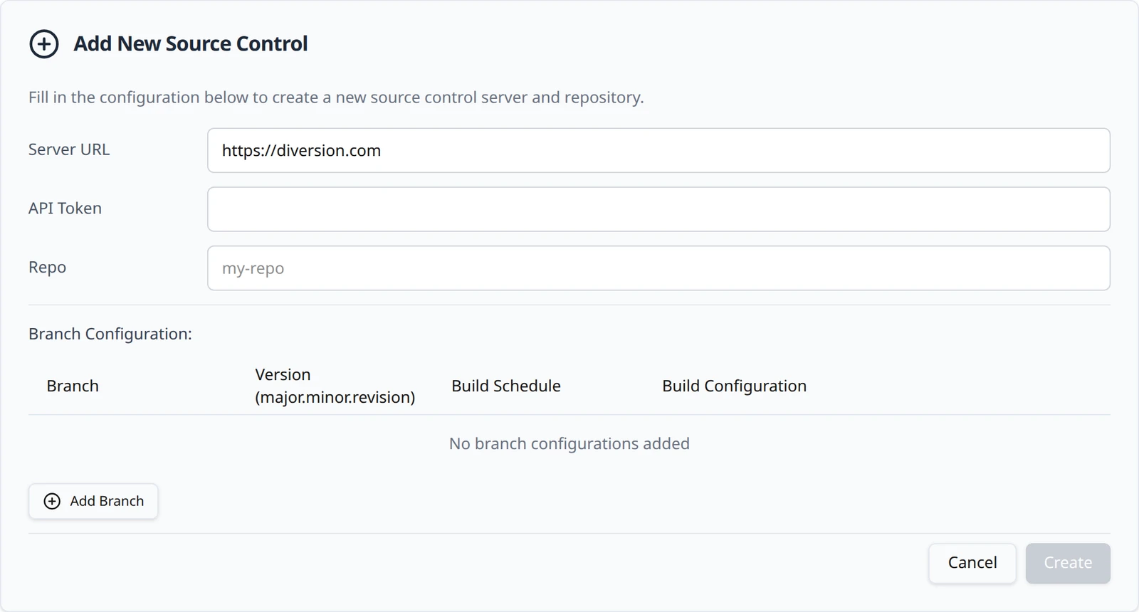 The Diversion connection form on the Connections page with Server URL pre-filled, a masked API Token, the Repo field and an empty Branch Configuration table beneath.