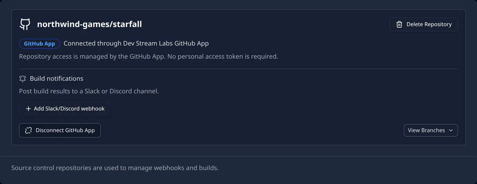 A repository card connected through the GitHub App, with the GitHub App badge, the Connected through Dev Stream Labs GitHub App line and the Disconnect GitHub App and Delete Repository buttons.