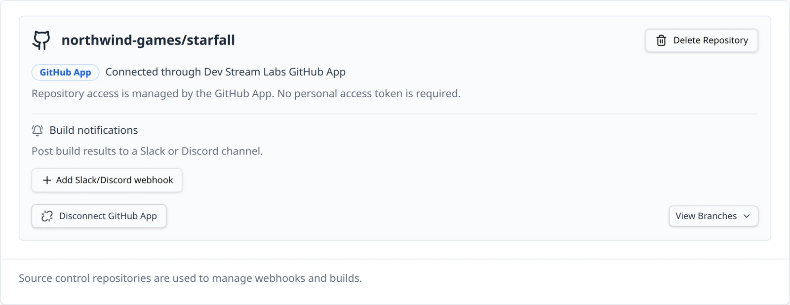 A repository card connected through the GitHub App, with the GitHub App badge, the Connected through Dev Stream Labs GitHub App line and the Disconnect GitHub App and Delete Repository buttons.