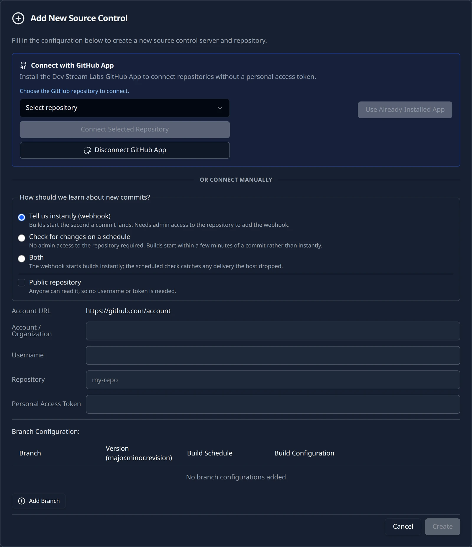 The Add New Source Control card for GitHub: the Connect with GitHub App section with its Use Already-Installed App button above the OR CONNECT MANUALLY divider and the token form.