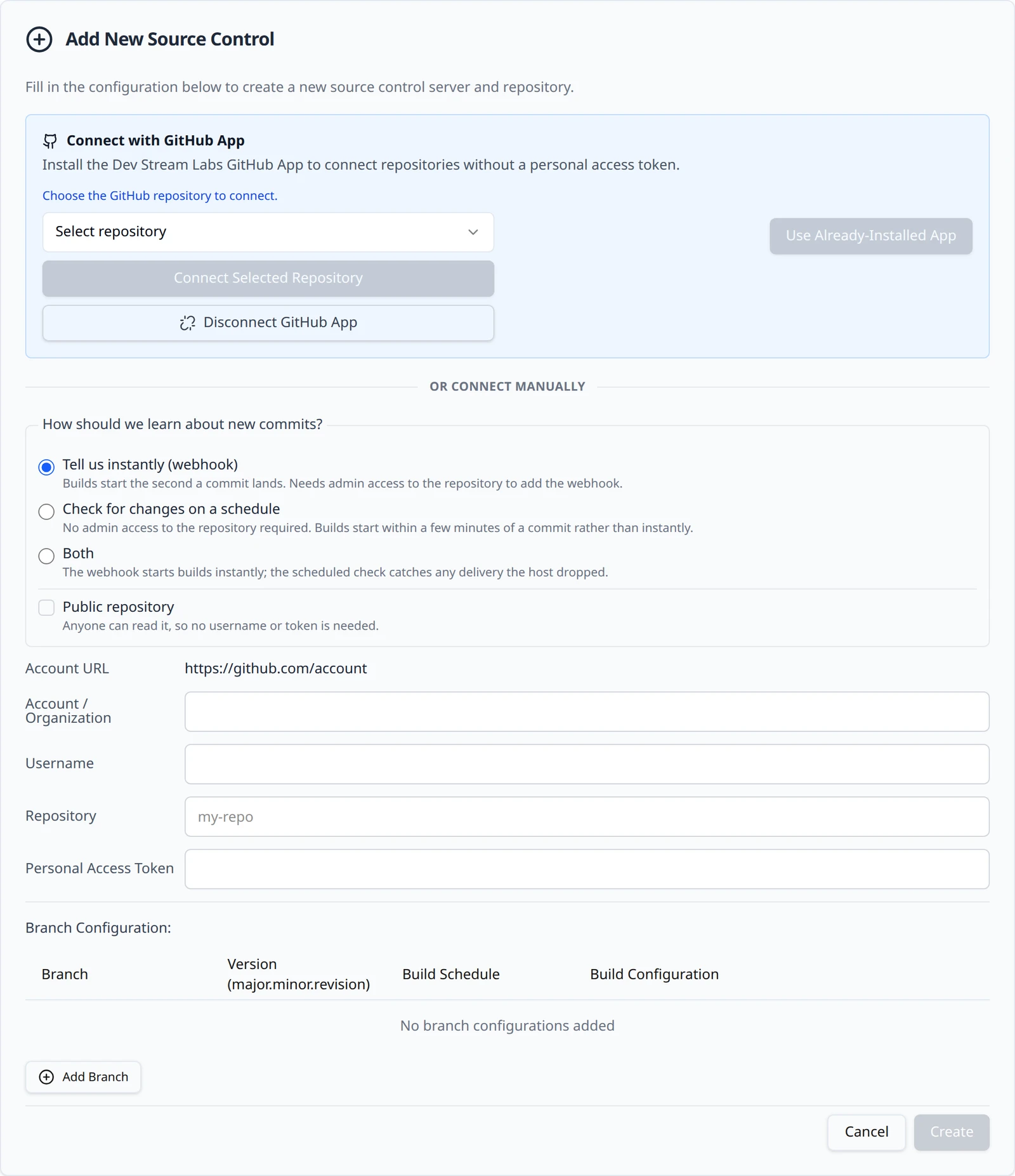 The Add New Source Control card for GitHub: the Connect with GitHub App section with its Use Already-Installed App button above the OR CONNECT MANUALLY divider and the token form.