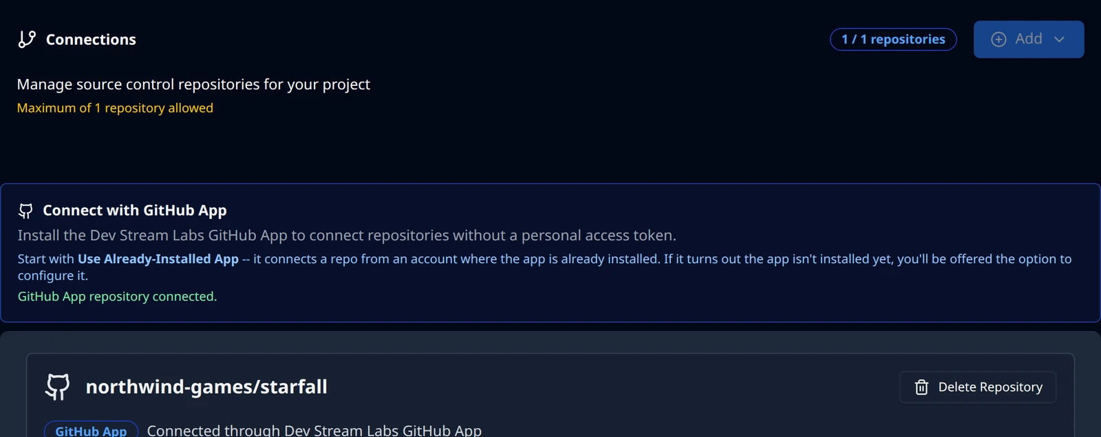 The Connections page after a GitHub App connection, showing the success line and the new repository card.