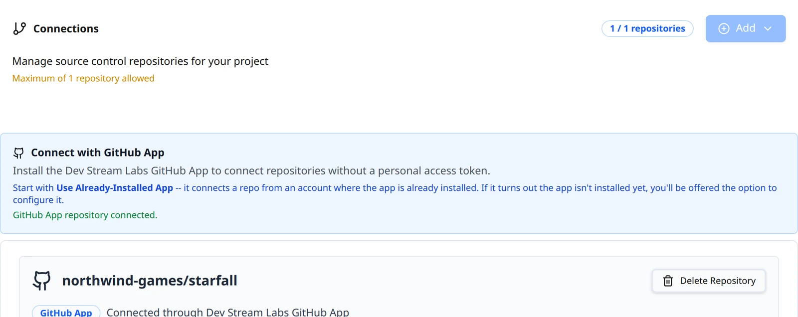 The Connections page after a GitHub App connection, showing the success line and the new repository card.