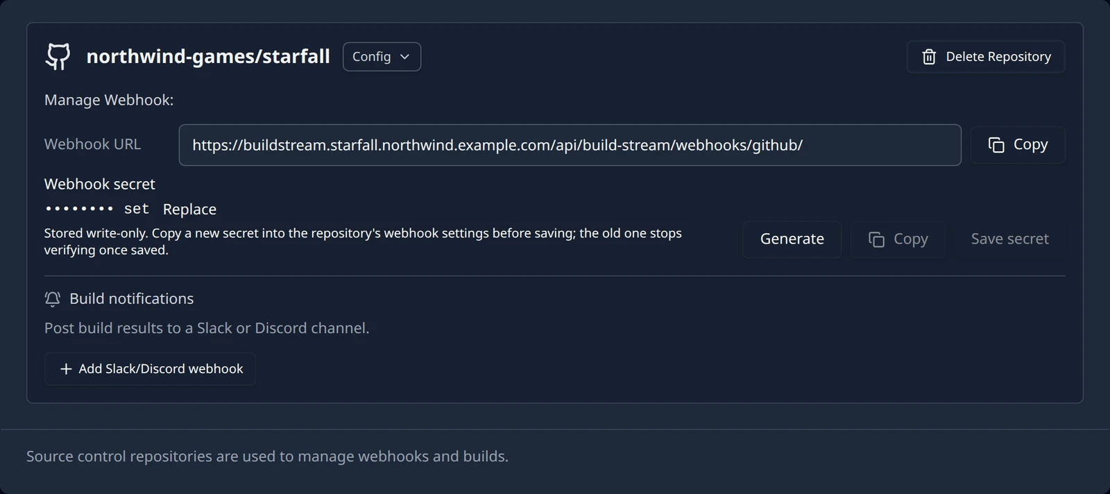 A repository card connected with a token, showing the Manage Webhook block with the Webhook URL, the Webhook secret marked as set, and the Generate, Copy and Save secret buttons.