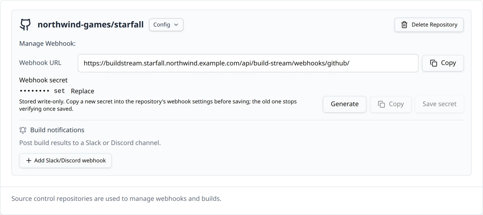 A repository card connected with a token, showing the Manage Webhook block with the Webhook URL, the Webhook secret marked as set, and the Generate, Copy and Save secret buttons.