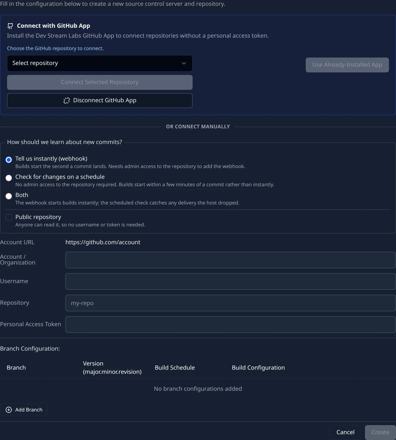 The manual GitHub form with the How should we learn about new commits? choice, the Public repository checkbox, the Account URL preview and the Account / Organization, Username, Repository and Personal Access Token fields.