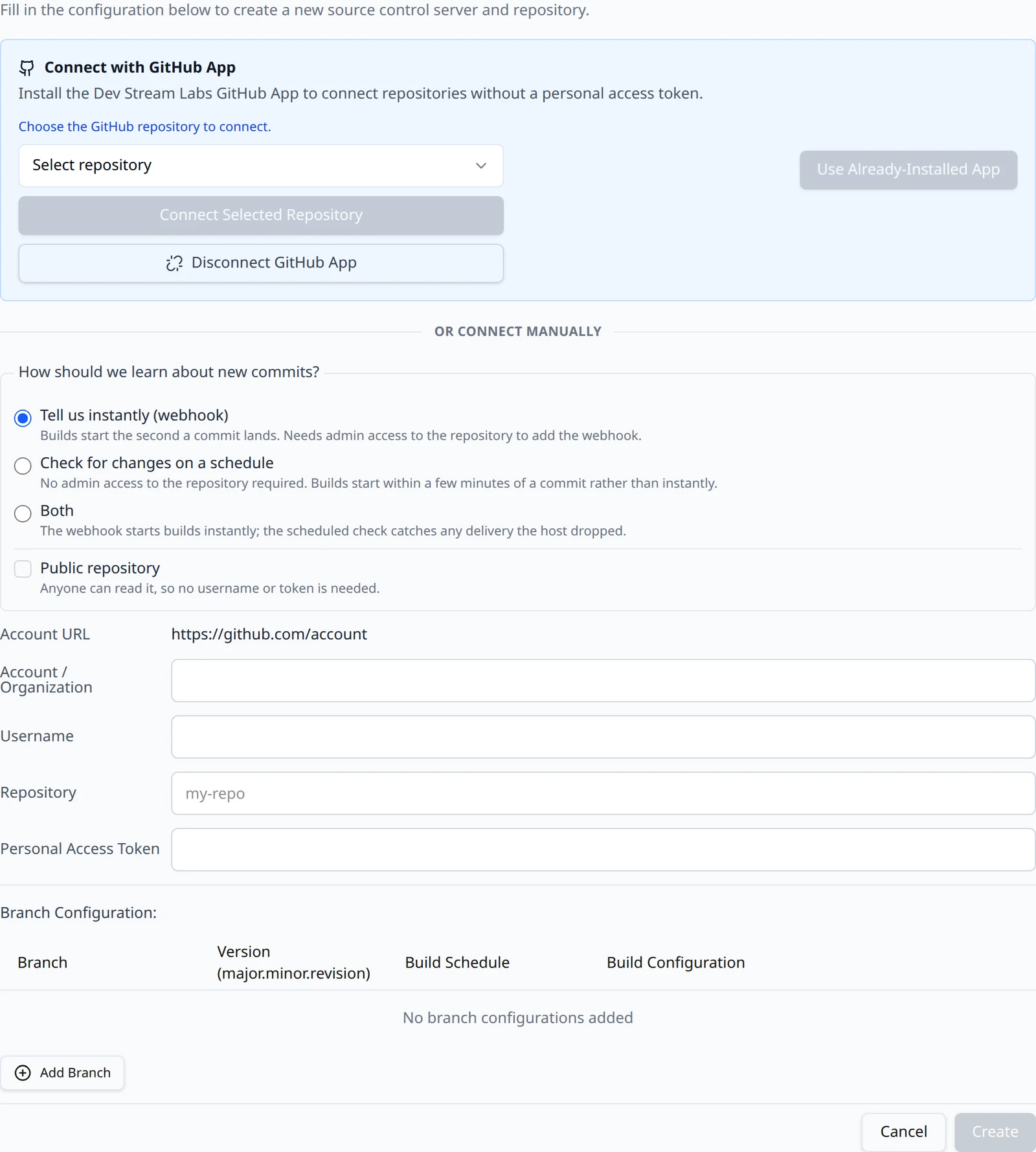 The manual GitHub form with the How should we learn about new commits? choice, the Public repository checkbox, the Account URL preview and the Account / Organization, Username, Repository and Personal Access Token fields.