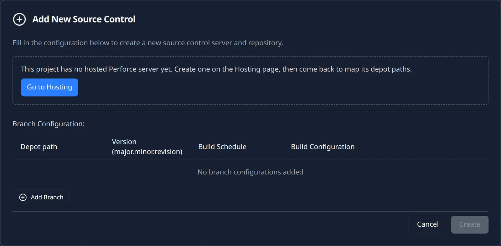 The Add New Source Control card after choosing Perforce on a project without a hosted server: the sentence that the project has no hosted Perforce server yet and a Go to Hosting button.