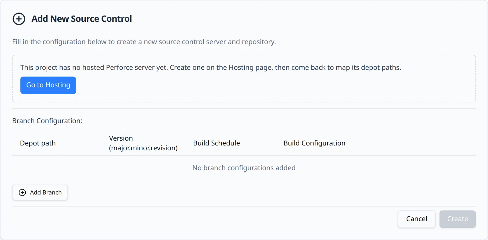 The Add New Source Control card after choosing Perforce on a project without a hosted server: the sentence that the project has no hosted Perforce server yet and a Go to Hosting button.