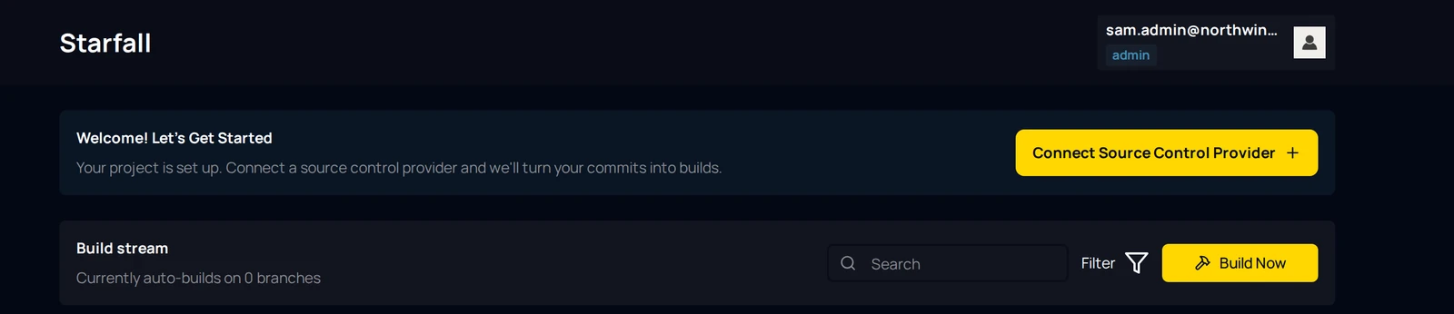 The Builds page before any repository is connected, showing the Welcome banner with the Connect Source Control Provider button.