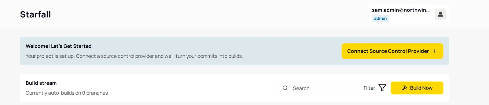 The Builds page before any repository is connected, showing the Welcome banner with the Connect Source Control Provider button.