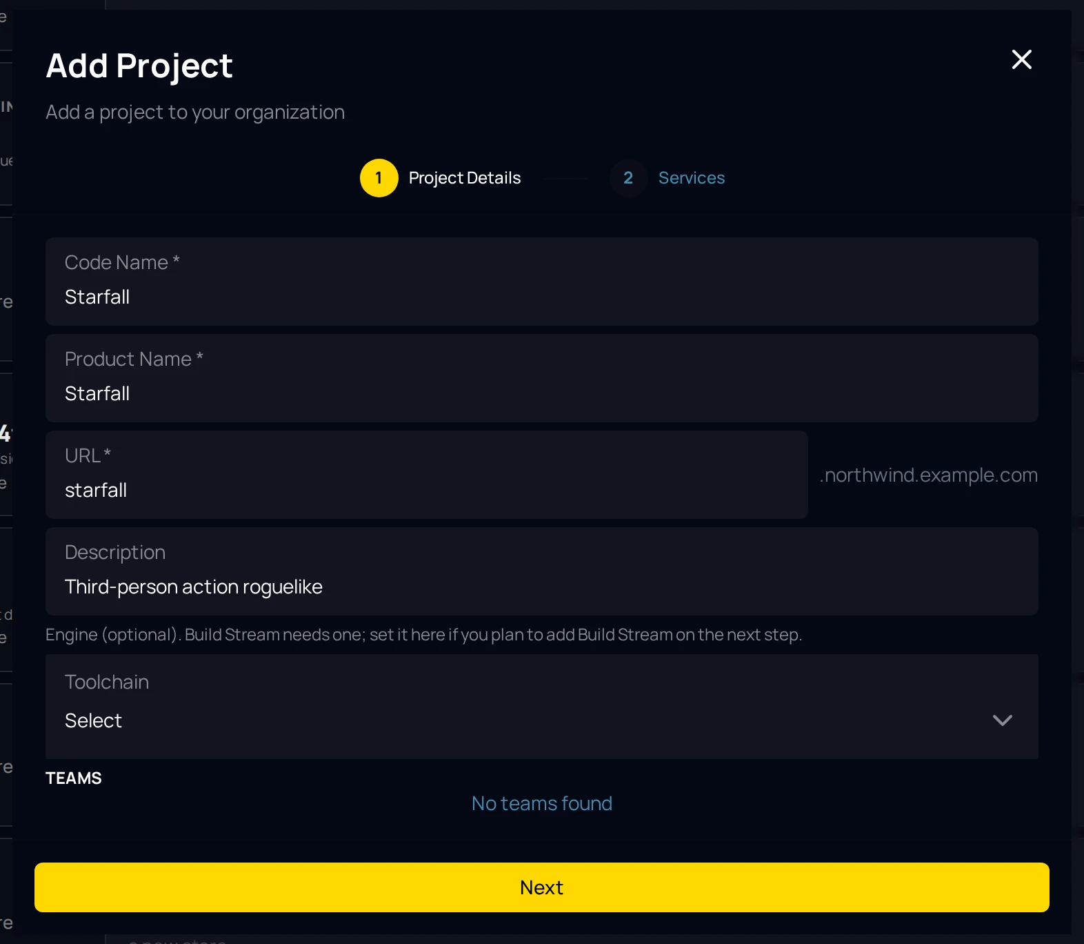 The Project Details step of the Add Project dialog, filled in for the example project, with the Code Name, Product Name, URL and Description fields, the optional engine line, the Toolchain select set to Unity with its Toolchain Version and License Type fields, and the Teams list.