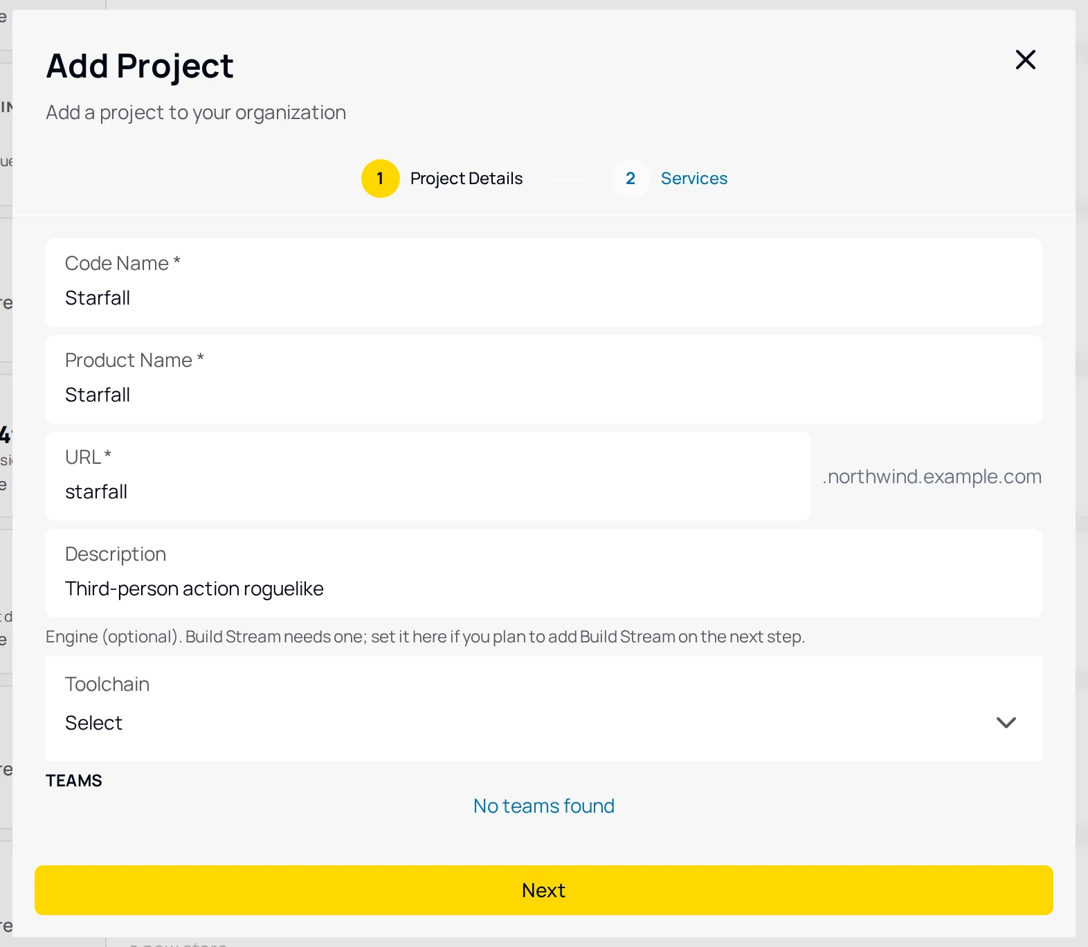 The Project Details step of the Add Project dialog, filled in for the example project, with the Code Name, Product Name, URL and Description fields, the optional engine line, the Toolchain select set to Unity with its Toolchain Version and License Type fields, and the Teams list.
