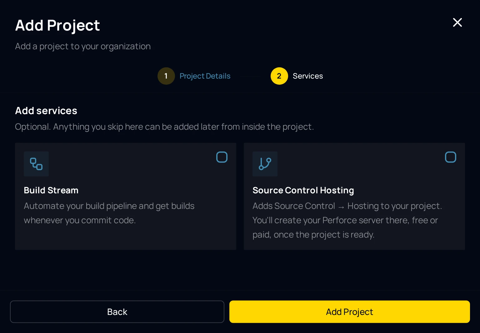 The Services step of the Add Project dialog with the Build Stream card ticked and the Source Control Hosting card beside it, and the Back and Add Project buttons.