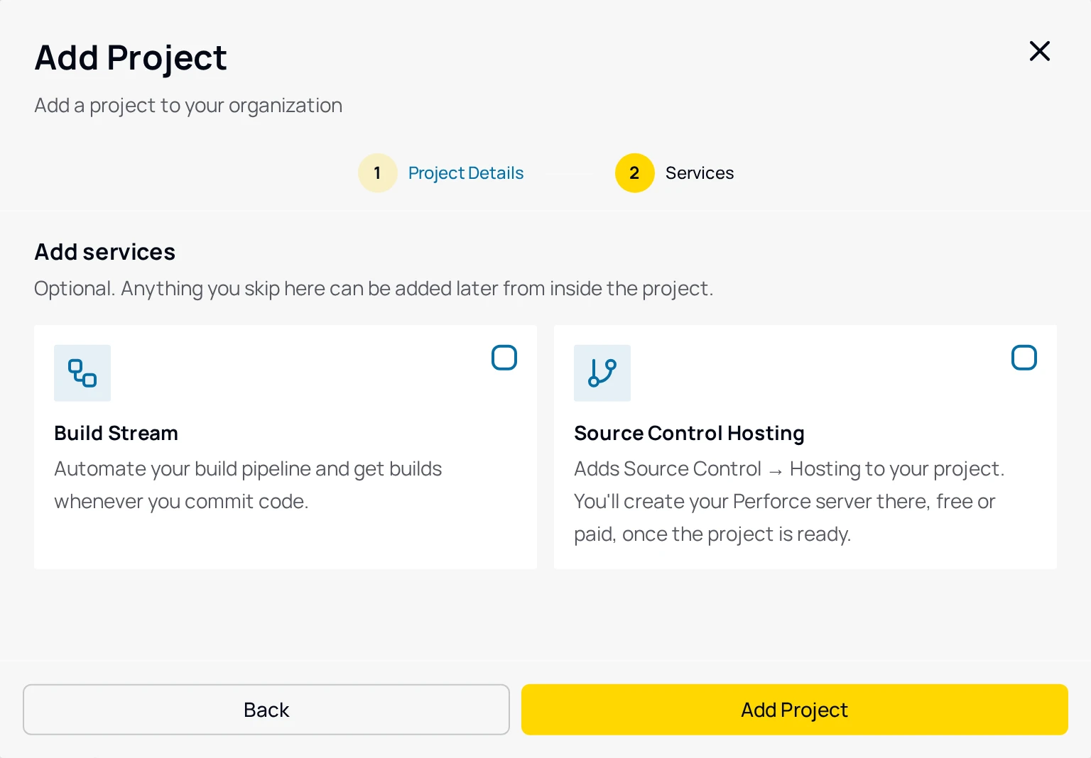 The Services step of the Add Project dialog with the Build Stream card ticked and the Source Control Hosting card beside it, and the Back and Add Project buttons.