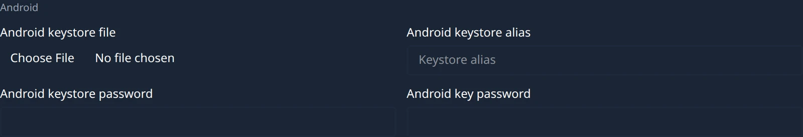 The Android group of the Platform Specific Configurations panel, showing the keystore file, alias, keystore password and key password fields with nothing stored yet.