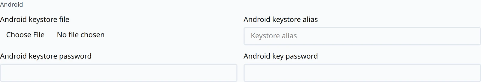 The Android group of the Platform Specific Configurations panel, showing the keystore file, alias, keystore password and key password fields with nothing stored yet.