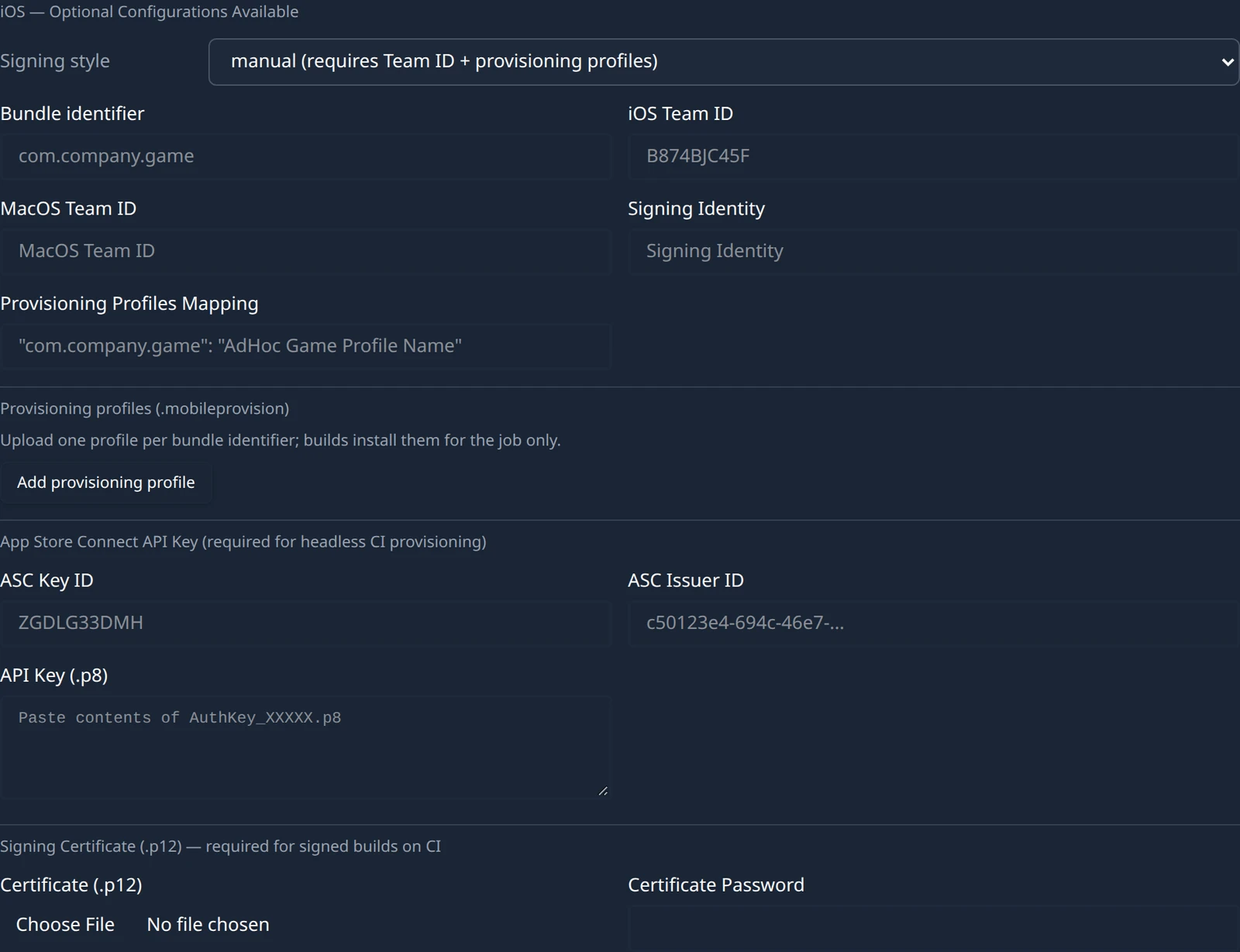 The iOS group of the Platform Specific Configurations panel, showing the signing style select, the identity fields, the provisioning profile upload rows, the App Store Connect API key fields and the certificate upload.