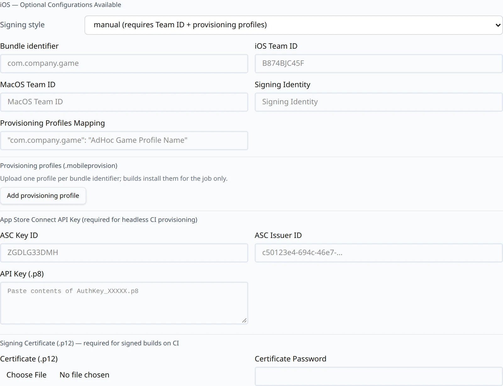 The iOS group of the Platform Specific Configurations panel, showing the signing style select, the identity fields, the provisioning profile upload rows, the App Store Connect API key fields and the certificate upload.