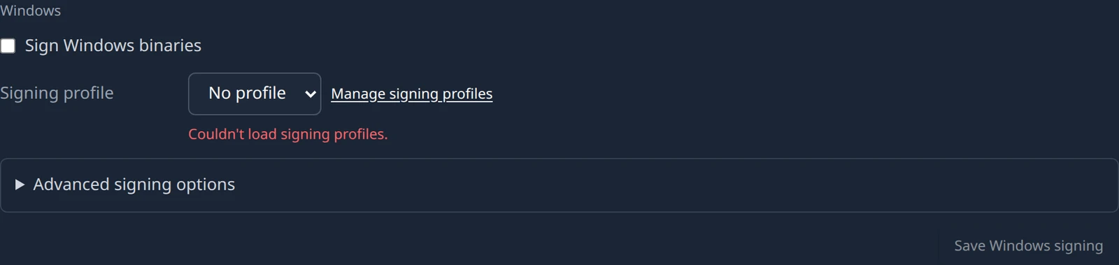 The Windows group of the Platform Specific Configurations panel, showing the Sign Windows binaries checkbox, the Signing profile select with its Manage signing profiles link, and the collapsed Advanced signing options.